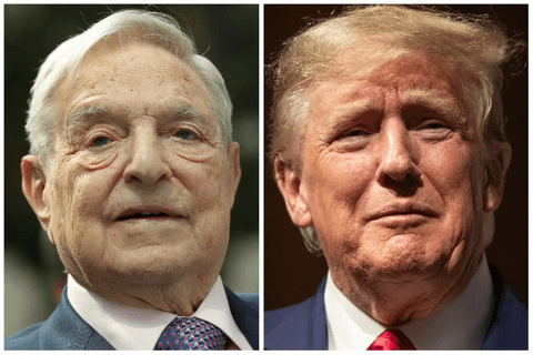Side by side pictures of George Soros and Donald Trump