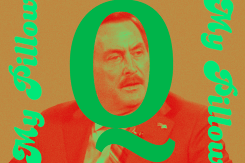 A picture of Mike Lindell with the letter Q around him.