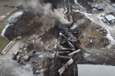 An areal image of a derailed train