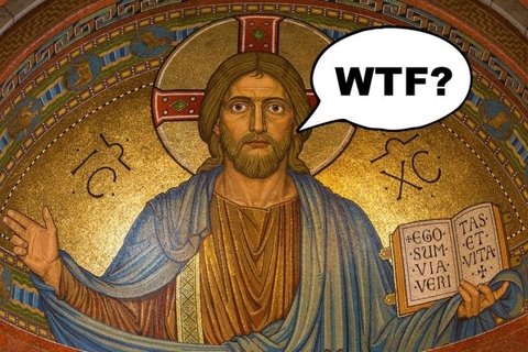 a painting of Jesus with a speech bubble that says "WTF?"