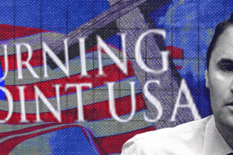 A black and white image of a man in a white shirt, looking at the screen with the words "Turning point USA" behind him.