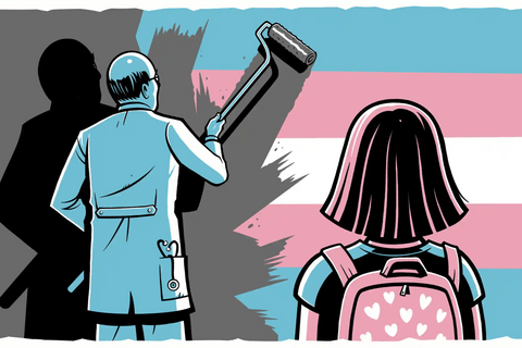 A man painting grey over a trans flag as a girl watches on.
