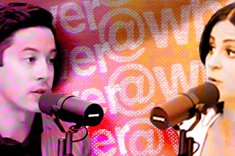 a collage of two people talking into mics