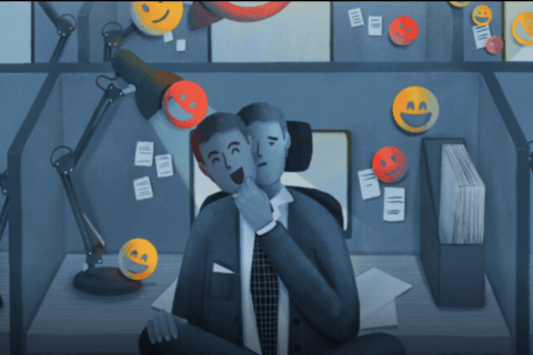 an illustration of a person sitting behind a desk with a happy face mask over a sad face.