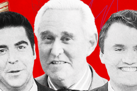 three men on a red background with crosses behind them.