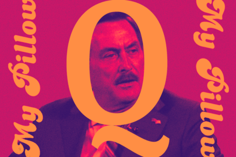 Mike Lindell's face in the o part of a Q