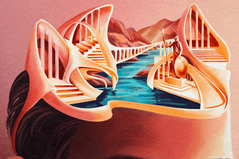 an illustration with a person with an open head with a river and bridges coming out of it.