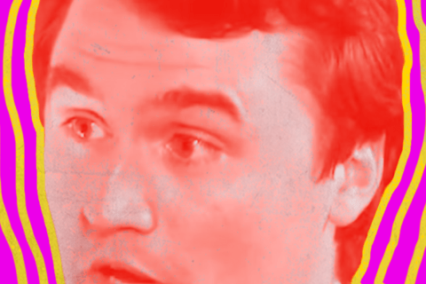 Charlie Kirk on a pink background with yellow outlines