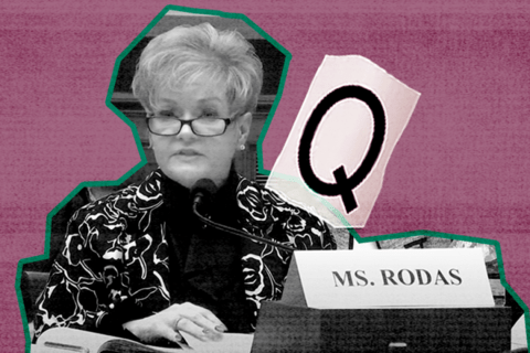 A white woman cut out of a photograph imposed with the letter Q.