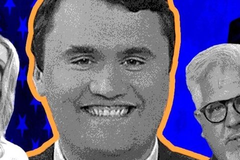 a collage of charlie kirk and two other people on a blue background of the American flag and a cross.