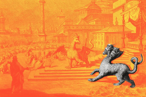 An orange background with a sculpture of a gryphon.