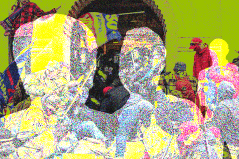 pixelated silhouettes of people on a green background