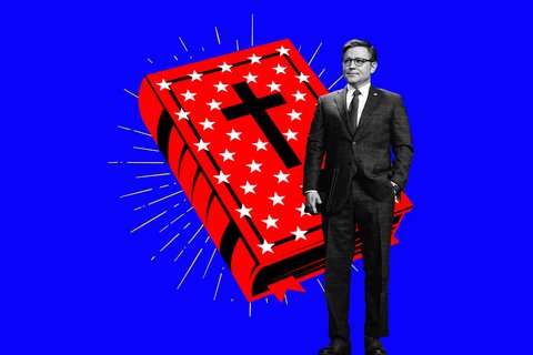 Mike Johnson standing in front of a Red book with a cross on it.