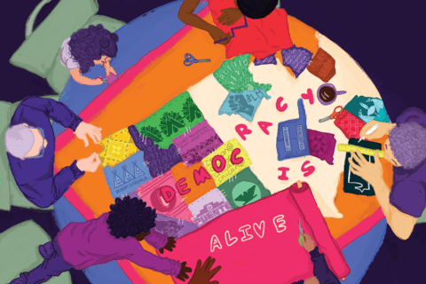 An illustration of people sitting in chairs fixing a quilt that says Democracy is Alive
