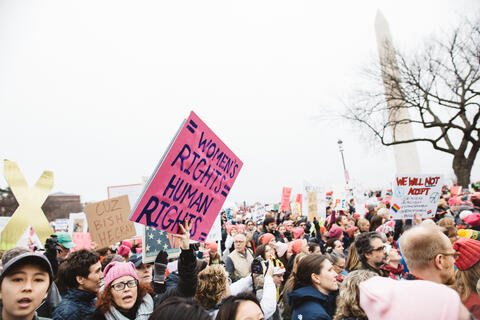 Protest crowd with pink and blue sign that reads Womens Rights = Human Rights