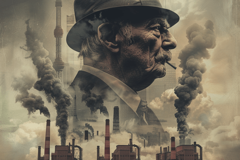 an illustration of smoke stack and a man coming out of it.