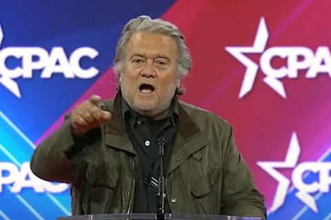 Steve Bannon with a background that says "CPAC"