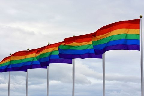Five LGBTQ Flags flying in a row.
