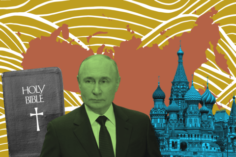 A patterned background with the outline of russia with cut outs of the bible, Putin, and the Kremlin