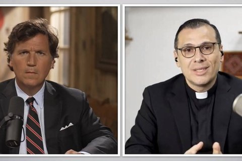 screenshots of Tucker Carlson and Munther Isaac