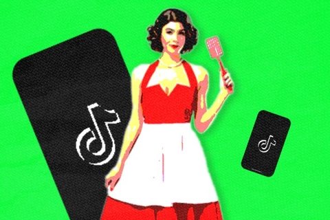 A neon green background, with phones and a woman in a dress and apron holding a spatula.