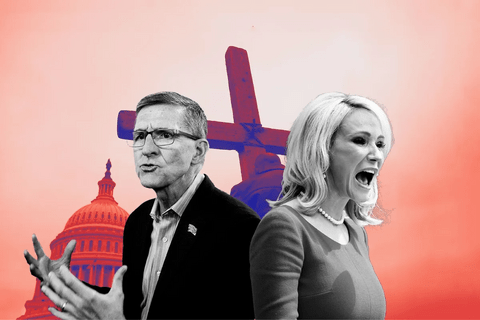 A Collage of Michael  Flynn and Paula White with a cross and the capitol