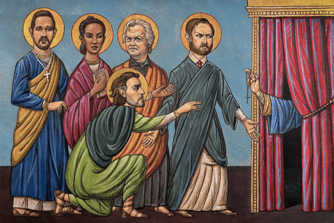 illustration of people looking at a person behind a curtain holding a cross out.