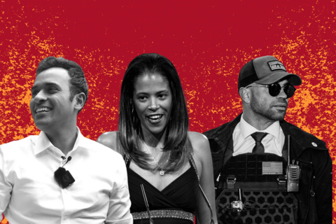 A collage of two men and a woman in front of a red background. 