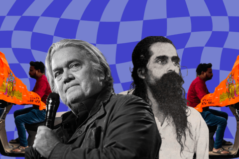 Collage of a man on a scooter with a flag, and two men in profile, in front of a blue checkered background.