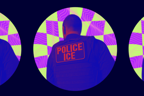 A person's back wearing a vest that says "Police ICE"