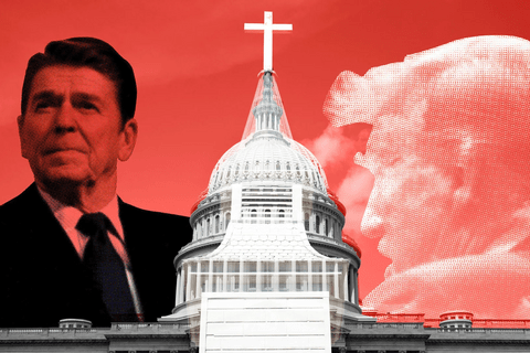 A collage of a church, Ronal Reagan and Donald Trump