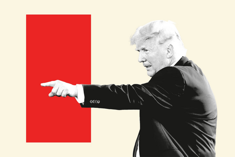 A graphic of Donald Trump pointing with a red rectangle behind his hand.