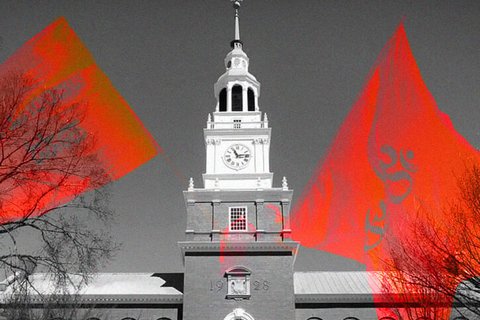 a collage of a college tower with overlapping saffron flags.
