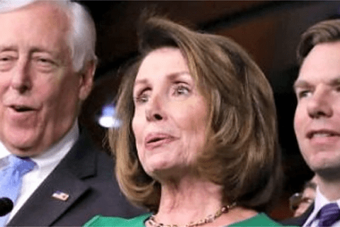 Democratic Reps. Steny Hoyer, Nancy Pelosi, and Eric Swalwell during a press conference on Capitol Hill.