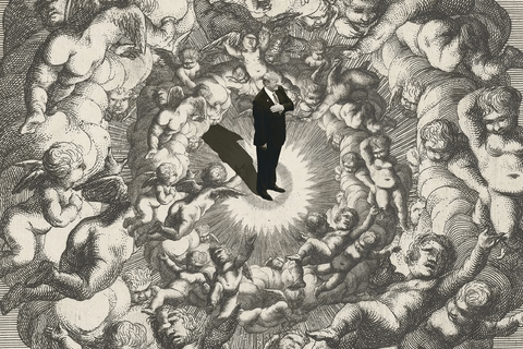 an illustration of Trump surrounded by angels