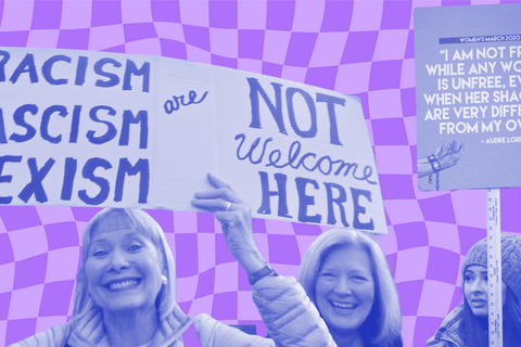 A purple checkered background with protestors holding signs in favor of women's rights