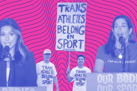 A pink and blue background with cut outs of two women speaking at podiums and two protestors holding a sign that says "trans athletes belong in sport".