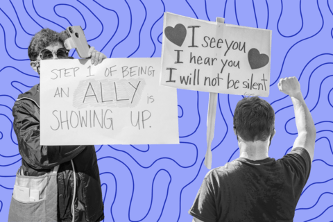 a purple and blue background with two protestors holding signs of solidarity