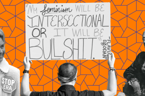 An orange background with portraits of two women with a banner in the middle that says "My feminism will be intersectional or it will be bullshit"."