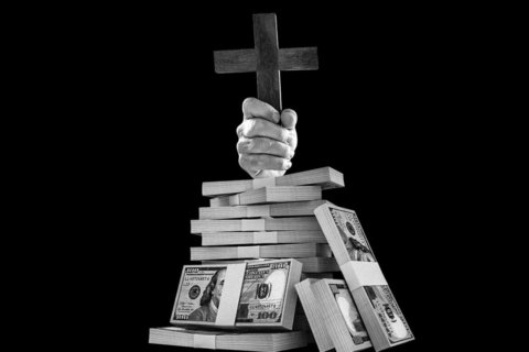 a digital illustration of a pile of money with a hand holding a cross.