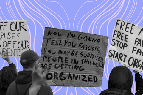 A collage of hand-drawn signs protesting ICE and fascism against a purple background