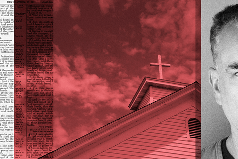 a collage of a church, the headshot of the shooter, and a text block