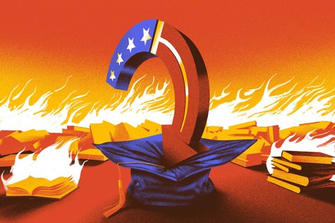 An illustration of books burning and the turning point USA logo.