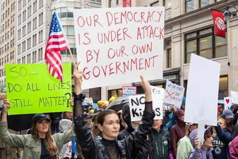 Sign at a No Kings protest in NYC in 14, June 2025.