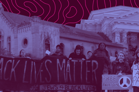 Background of the Maghen Abraham Synagogue in Lebanon and The Tree of Life Synagogue in the US, overlapping with protestors in support of Black Lives Matter, and Jews for a Free Palestine.