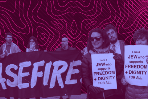 a collage of protesters against the occupation of Palestine, and protestors for racial justice.