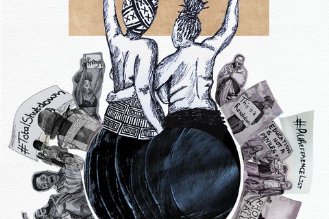 an illustration of two women surrounded by other women with protest signs.