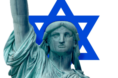 The flag of Israel in the background with the statue of liberty in the foreground
