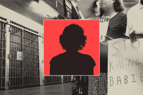 a black and white image of a prison and a protest, with a picture of a black silhouette on a red background in the center