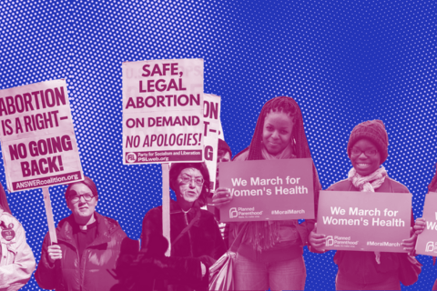 Collage of protestors holding signs in favor of abortion.